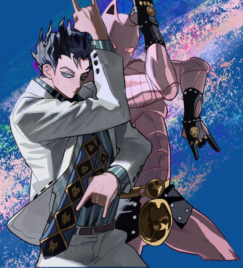 2boys :/ \n/ abs animal_ears arm_up black_gloves black_skirt blue_background blue_necktie cat_ears closed_mouth collared_shirt colored_eyelashes colored_sclera colored_skin cropped_legs diamond_wa_kudakenai formal_clothes gloves green_shirt grey_eyes grey_hair grey_jacket grey_pants grey_suit hand_up highres jacket jojo_no_kimyou_na_bouken kawajiri_kosaku killer_queen killer_queen&#039;s_pose_(jojo) kira_yoshikage korean_commentary long_sleeves looking_at_viewer male_focus miniskirt multicolored_background multiple_boys necktie no_shirt pants partially_fingerless_gloves pink_sclera pink_skin sasi_mozzi1 shirt short_hair skirt skull_print slit_pupils stand_(jojo) striped_clothes striped_shirt studded_gloves suit upper_body