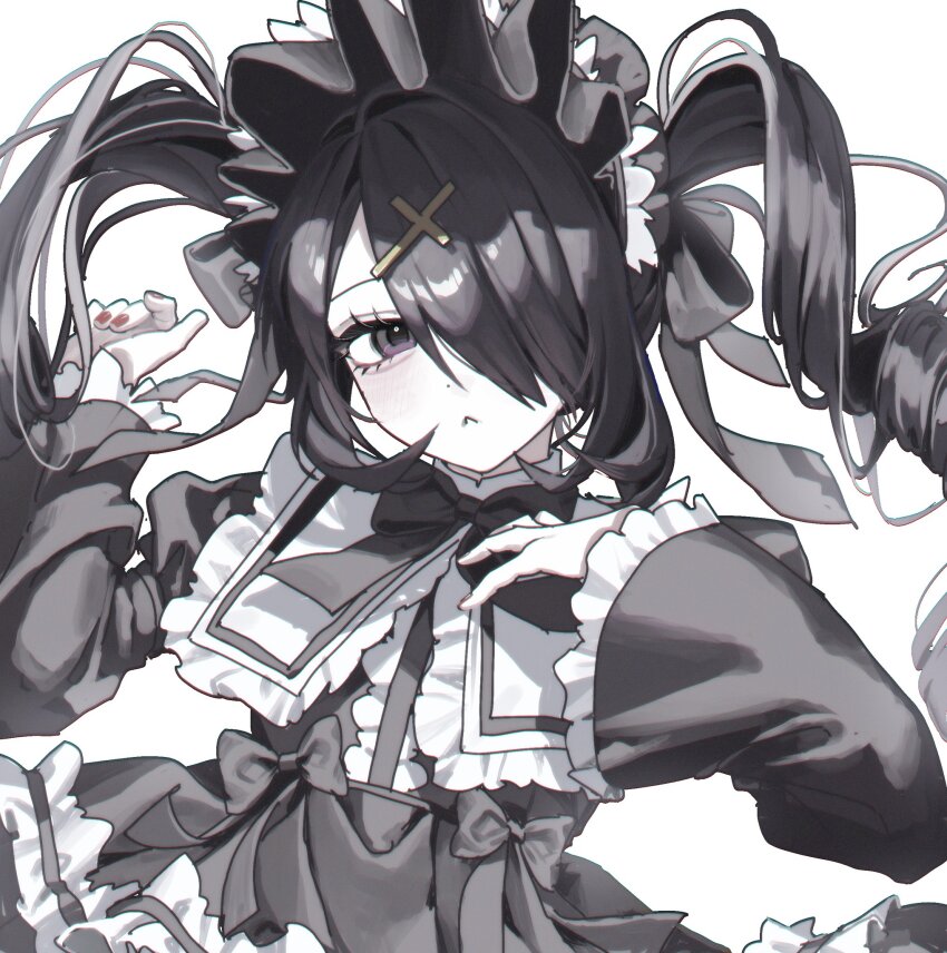 1girl ame-chan_(needy_girl_overdose) bow bowtie dress drill_hair frilled_dress frilled_sleeves frills frown grey_eyes greyscale hair_ornament hair_over_one_eye hair_ribbon hand_on_own_chest hand_up highres looking_at_viewer m_psycho_83 maid maid_headdress monochrome multicolored_nails needy_girl_overdose outstretched_arm ribbon short_twintails sidelocks solo sparkling_eyes twin_drills twintails upper_body white_background wide_sleeves x_hair_ornament