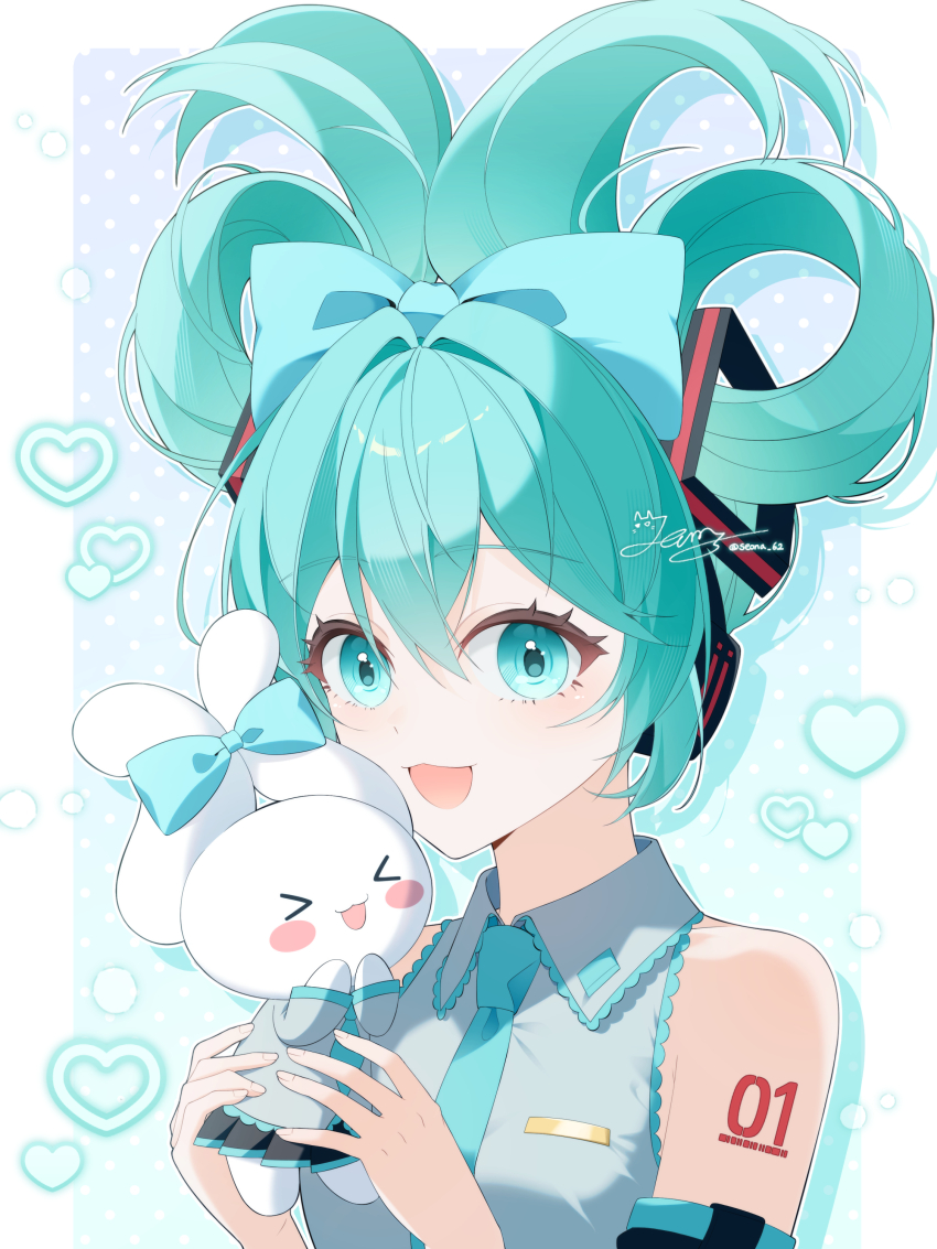 1girl absurdres aqua_bow aqua_eyes aqua_hair aqua_necktie bare_shoulders black_sleeves blue_background blue_bow blue_eyes blush border bow cinnamiku cinnamon_roll cinnamoroll collared_shirt creature detached_sleeves ear_bow folded_twintails fuwa_fuwa_cinnamoroll grey_shirt hair_between_eyes hair_bow hatsune_miku heart highres holding holding_creature looking_at_viewer matching_outfits necktie number_tattoo project_sekai sanrio seona_62 shirt simple_background sleeveless sleeveless_shirt smile solo tattoo tied_ears updo upper_body vocaloid white_border