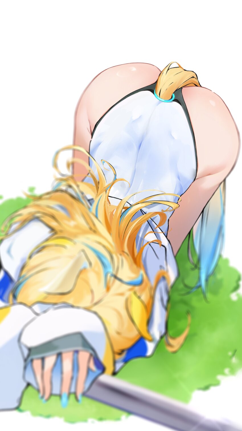 1girl absurdres ahoge animal_ears ass bent_over blonde_hair blurry blurry_foreground bodysuit commentary_request fingernails grass hair_ornament hermityy highres horse_ears horse_girl jacket long_hair multicolored_hair neo_universe_(umamusume) simple_background thighs two-tone_hair umamusume white_background