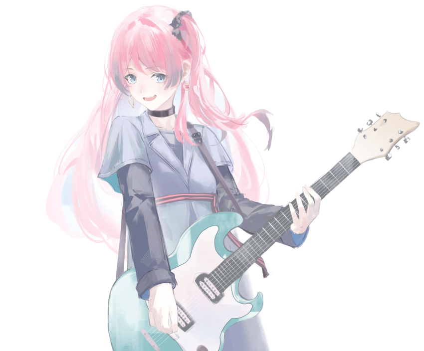 1girl airool bang_dream! bang_dream!_it&#039;s_mygo!!!!! black_choker black_sash black_scrunchie black_shirt blue_eyes chihaya_anon chinese_commentary choker commentary_request cowboy_shot earrings electric_guitar facing_to_the_side fang floating_hair guitar guitar_strap hair_ornament hair_scrunchie highres holding holding_guitar holding_instrument instrument jacket jewelry lapels layered_sleeves long_hair long_sleeves looking_at_viewer mismatched_earrings one_side_up pink_hair pink_sash sash scrunchie shirt short_over_long_sleeves short_sleeves simple_background solo striped_sash two-tone_sash white_background