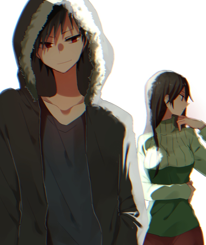 0819_chii 1boy 1girl backlighting black_hair breasts brown_eyes collarbone commentary_request durarara!! fur_trim hand_in_pocket highres hood jacket long_hair long_sleeves looking_at_viewer looking_to_the_side orihara_izaya partial_commentary profile red_eyes shirt short_hair skirt smile smirk sweater turtleneck turtleneck_sweater upper_body white_background yagiri_namie