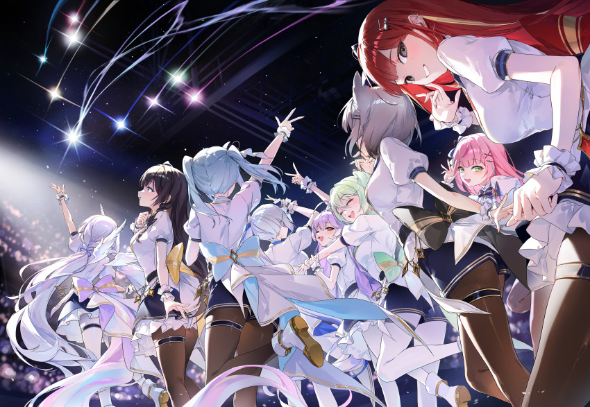 6+girls absurdres akane_lize animal_ears aokumo_rin arahashi_tabi arm_up ayatsuno_yuni black_bow black_pantyhose blue_bow blue_bowtie blue_hair blue_shorts blurry blush bokeh bow bowtie chap_sal_! commentary depth_of_field earrings green_bow green_eyes grey_eyes grey_hair grin hair_ornament hairclip hanako_nana highres jewelry mole mole_under_eye multiple_girls neneko_mashiro pantyhose puffy_short_sleeves puffy_sleeves purple_hair red_hair shirayuki_hina shirt short_sleeves shorts smile star_(sky) stellive tenko_shibuki thigh_strap v virtual_youtuber w white_hair white_pantyhose white_shirt yellow_bow yellow_eyes yuzuha_riko