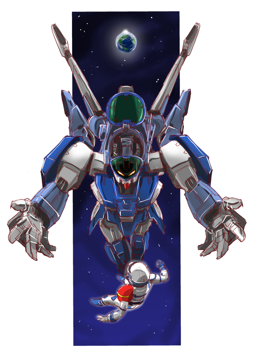 1boy aoki_ryuusei_spt_layzner asuka_eiji blue_gloves earth_(planet) floating gloves helmet highres layzner mecha mecha_focus pilot_suit planet robot science_fiction space taiga_hiroyuki yellow_eyes