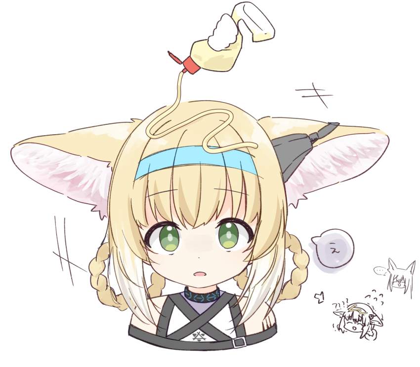 2girls ? ?? animal_ear_fluff animal_ears arknights bare_shoulders blonde_hair blue_hairband bottle braid braided_hair_rings choker confused cropped_shoulders disembodied_hand doodle_inset ears_down enji-kun flying_sweatdrops food food_on_head fox_ears green_eyes hair_rings hairband highres holding holding_bottle looking_at_viewer mayonnaise multiple_girls multiple_views object_on_head open_mouth simple_background solo_focus speech_bubble squeezing suzuran_(arknights) vulpisfoglia_(arknights) white_background