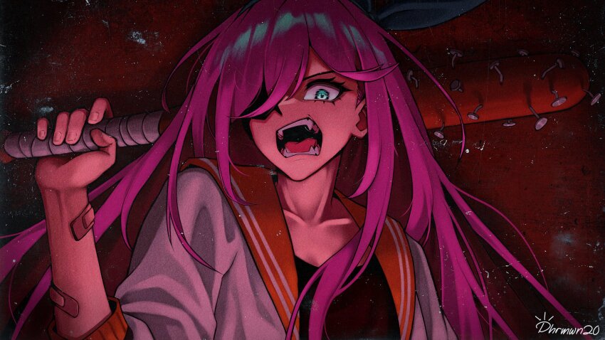1girl ado_(utaite) aqua_eyes arm_at_side aubrey_(faraway)_(omori) aubrey_(omori) bandaid bandaid_on_arm baseball_bat black_mouth black_shirt blue_bow bow collarbone commentary downturned_eyes english_commentary fangs film_grain hair_bow hair_over_one_eye hand_up highres holding holding_baseball_bat jacket lildharmaji long_hair looking_at_viewer nail_(hardware) nail_bat omori one_eye_covered open_clothes open_jacket open_mouth orange_sailor_collar pink_hair sailor_collar sharp_teeth shirt sidelocks solo teeth three-quarter_sleeves tongue underlighting upper_body usseewa vignetting white_jacket