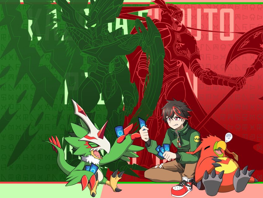 3boys absurdres beak bird black_hair brown_pants card digimon digimon_card_game digimon_liberator feathers festus_flare green_feathers green_shirt group_picture halberd highres holding holding_card holding_polearm holding_sword holding_weapon horns kazama_shoto knight male_focus medievaldukemon muchomon multicolored_hair multiple_boys pants penguin polearm pteromon red_feathers red_hair shirt short_hair single_horn sleeping streaked_hair sword talons trading_card two-tone_hair variant_set weapon zephagamon