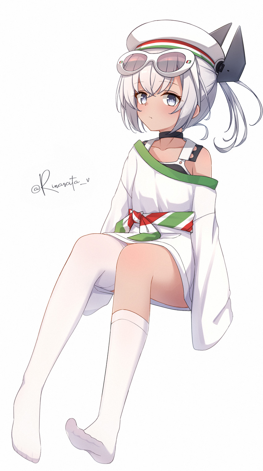 1girl absurdres aticsanir black_one-piece_swimsuit dace_(kancolle) eyewear_on_head full_body grey_eyes grey_hair hat headgear highres kantai_collection leonardo_da_vinci_(kancolle) looking_at_viewer military_hat multicolored_sash one-piece_swimsuit shirt side_ponytail simple_background single_thighhigh sitting sleeves_past_fingers sleeves_past_wrists solo sunglasses swimsuit swimsuit_under_clothes thighhighs white_background white_hat white_shirt