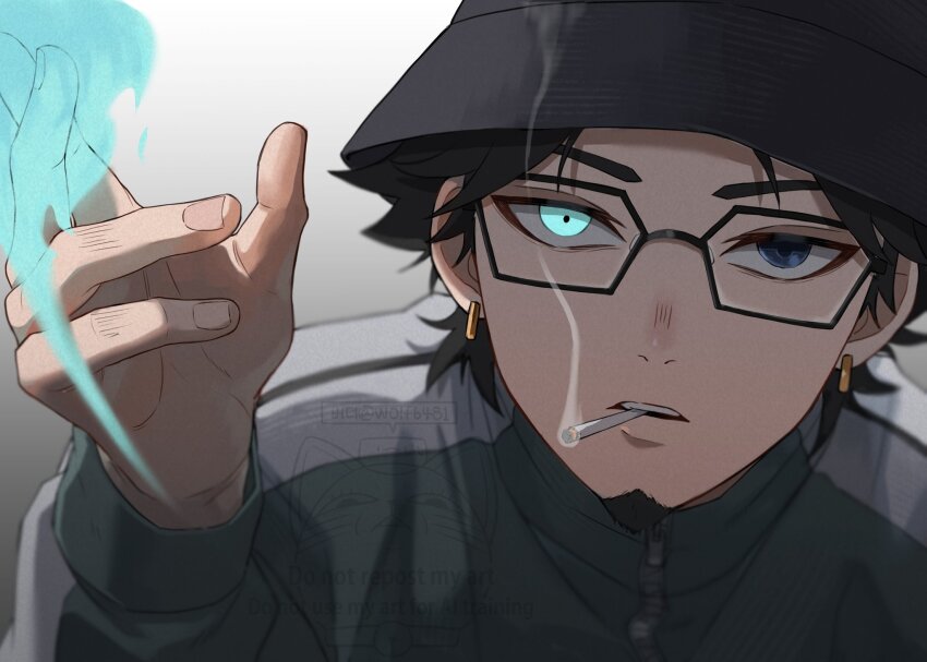 1boy black_hair black_hat cigarette dandadan earrings facial_hair glasses gold_earrings grey_jacket hand_up hashtag-only_commentary hat heterochromia highres jacket jewelry kashimoto_(dandadan) long_sleeves looking_at_viewer male_focus mouth_hold parted_lips short_hair solo straight-on teeth_hold track_jacket upper_body wolf6481
