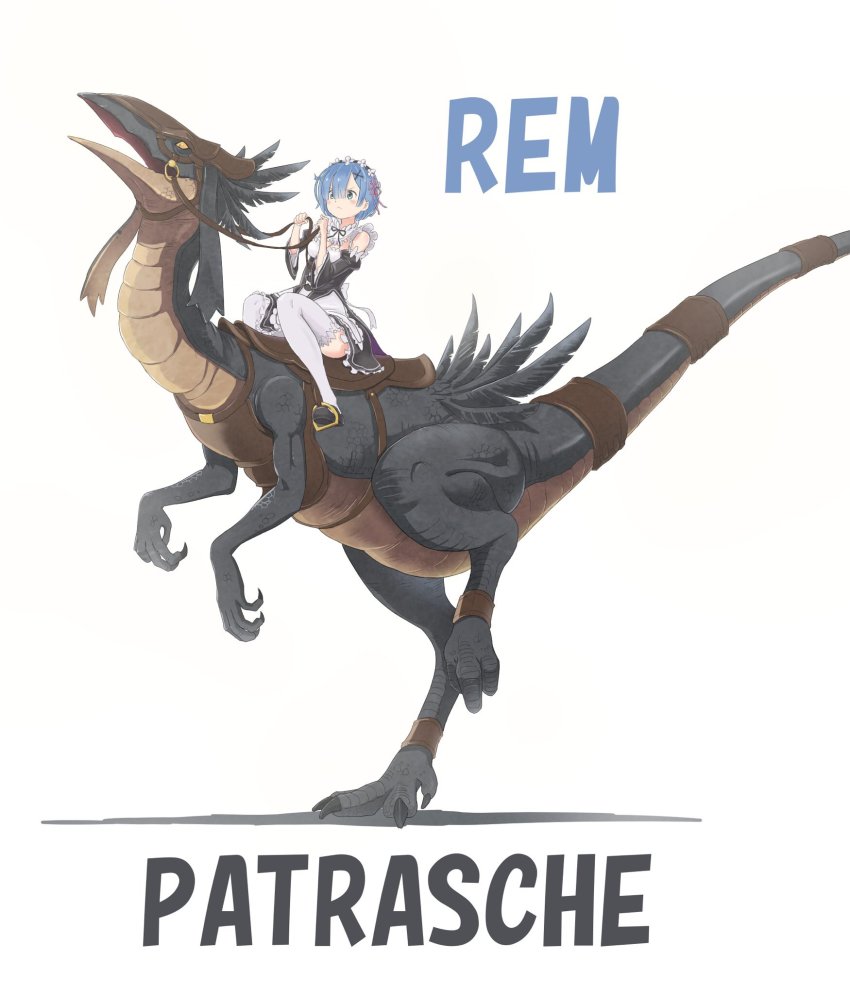 10s 1girl ari_hinoko black_dress black_footwear blue_eyes blue_hair blunt_bangs blush_stickers character_name claws dinosaur riding_dinosaur dress feathers frilled_dress frills hair_between_eyes highres holding holding_reins looking_afar maid maid_headdress mary_janes patrasche_(re:zero) re:zero_kara_hajimeru_isekai_seikatsu reins rem_(re:zero) riding shoes simple_background sitting standing standing_on_one_leg thighhighs white_background white_thighhighs wide_sleeves