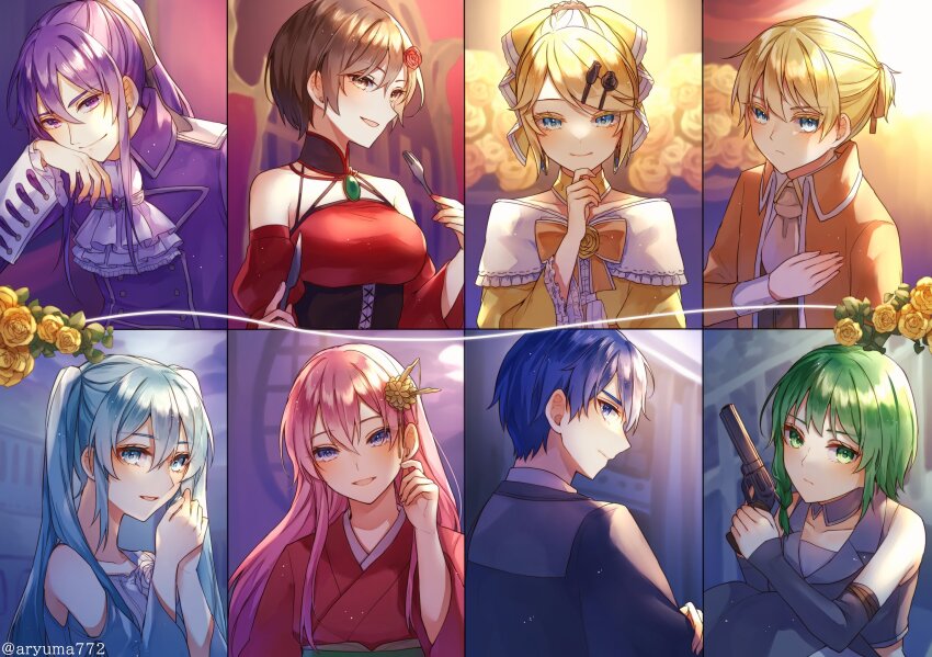 3boys 5girls aku_no_meshitsukai_(vocaloid) aku_no_musume_(vocaloid) akujiki_musume_conchita_(vocaloid) akutoku_no_judgement_(vocaloid) allen_avadonia aqua_eyes aqua_hair architecture aryuma772 ascot banica_conchita black_choker black_flower black_ribbon black_robe black_rose blonde_hair blue_dress blue_eyes blue_hair bow breasts brooch brown_eyes brown_hair building cheek_rest choker clothing_cutout collarbone collared_jacket collared_shirt colored_eyelashes corset crossed_arms cutlery detached_collar detached_sleeves dress dress_bow dress_flower east_asian_architecture enbizaka_no_shitateya_(vocaloid) epaulettes evillious_nendaiki flower fork frilled_cuffs frilled_dress frills full_moon gallerian_marlon gem green_eyes green_gemstone green_hair green_sash grey_jacket grey_sleeves gumi gun hair_between_eyes hair_bow hair_flower hair_ornament hair_ribbon tucking_hair hairclip hand_on_own_chest hand_on_own_chin handgun hatsune_miku high_ponytail highres holding holding_fork holding_gun holding_knife holding_weapon jacket japanese_clothes jewelry judge kagamine_len kagamine_rin kaito_(vocaloid) kamui_gakupo kanzashi kimono knife large_breasts long_hair looking_at_viewer looking_back margarita_blankenheim megurine_luka meiko_(vocaloid) miku_symphony_(vocaloid) moon multiple_boys multiple_girls nemesis_no_juukou_(vocaloid) nemesis_sudou nemurase_hime_kara_no_okurimono_(vocaloid) obi off-shoulder_dress off_shoulder orange_bow orange_jacket orange_ribbon pink_hair ponytail purple_eyes purple_hair purple_jacket purple_nails red_dress red_flower red_kimono red_nails red_rose revolver ribbon riliane_lucifen_d&#039;autriche robe rose sash sateriasis_venomania serious shirt short_hair short_ponytail shoulder_cutout sidelocks sideways_glance sleeveless sleeveless_jacket smile songover stroking_own_chin sudou_kayo swept_bangs throne twintails twitter_username updo venomania_kou_no_kyouki_(vocaloid) very_long_hair vocaloid weapon white_flower white_rose wide_sleeves yellow_bow yellow_choker yellow_flower yellow_nails yellow_rose