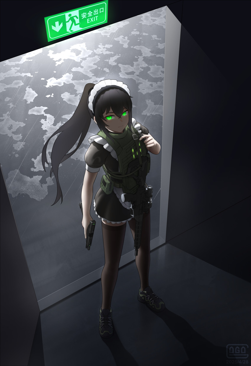 1girl absurdres ammunition_pouch apron assault_rifle backlighting black_dress brown_thighhighs closed_mouth dated dated_commentary dress eotech exit_sign expressionless frilled_apron frills from_above full_body glock glowing glowing_eyes gogo_(gogo_23) green_eyes gun gun_sling handgun highres holding holding_gun holding_weapon indoors load_bearing_vest m4_carbine magazine_(weapon) maid maid_apron maid_headdress muzzle_device open_door optical_sight original ponytail pouch puffy_short_sleeves puffy_sleeves rain rifle shadow short_sleeves sight_magnifier signature skindentation standing tactical_clothes tactical_maid thighhighs trigger_discipline unconventional_maid walkie-talkie weapon wet_ground white_apron zettai_ryouiki