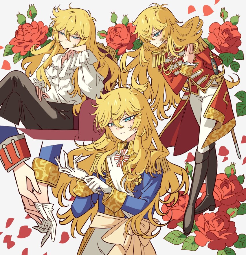 1girl adjusting_clothes adjusting_gloves arm_behind_back black_pants blonde_hair blue_eyes blue_jacket closed_mouth crossed_legs floating_hair flower full_body gloves grey_background hair_between_eyes highres jacket leaning_forward long_hair long_sleeves meremero messy_hair oscar_francois_de_jarjayes pants parted_lips rapier red_flower red_jacket red_rose rose sitting smile solo standing straight_hair sword versailles_no_bara very_long_hair weapon white_gloves white_pants