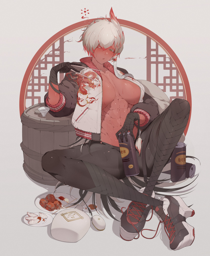 1girl abs bandaged_hand bandaged_leg bandages black_pants blush breasts breasts_apart can colored_skin dragon_print drunk feather_hair food grey_hair half-closed_eyes highres holding holding_can indian_style jacket large_breasts leggings monster_girl mu_lu_(ub1mo) needle open_clothes open_jacket original pants parted_lips red_hair red_skin shoes short_hair single_sidelock sitting sneakers solo squeans sukajan throwing_needles toned toned_female ub1mo