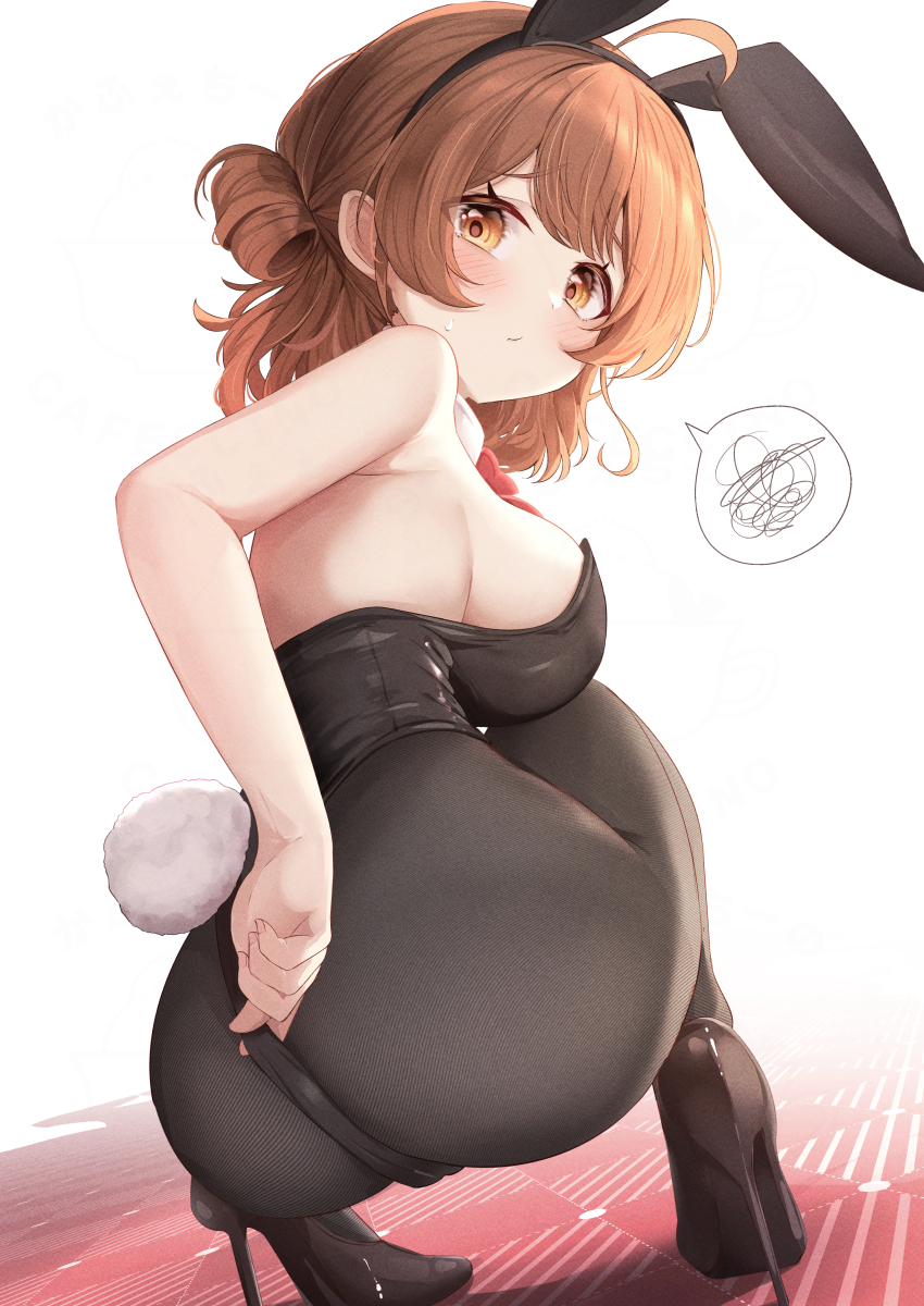 1girl absurdres ahoge animal_ears ass black_footwear black_leotard black_pantyhose blush breasts brown_eyes brown_hair closed_mouth commentary_request fake_animal_ears fake_tail gakuen_idolmaster hair_rings hanami_ume high_heels highres idolmaster large_breasts leotard looking_at_viewer paid_reward_available pantyhose playboy_bunny rabbit_ears rabbit_tail short_hair sideboob simple_background single_hair_ring sky_cappuccino solo squatting strapless strapless_leotard tail white_background wrist_cuffs