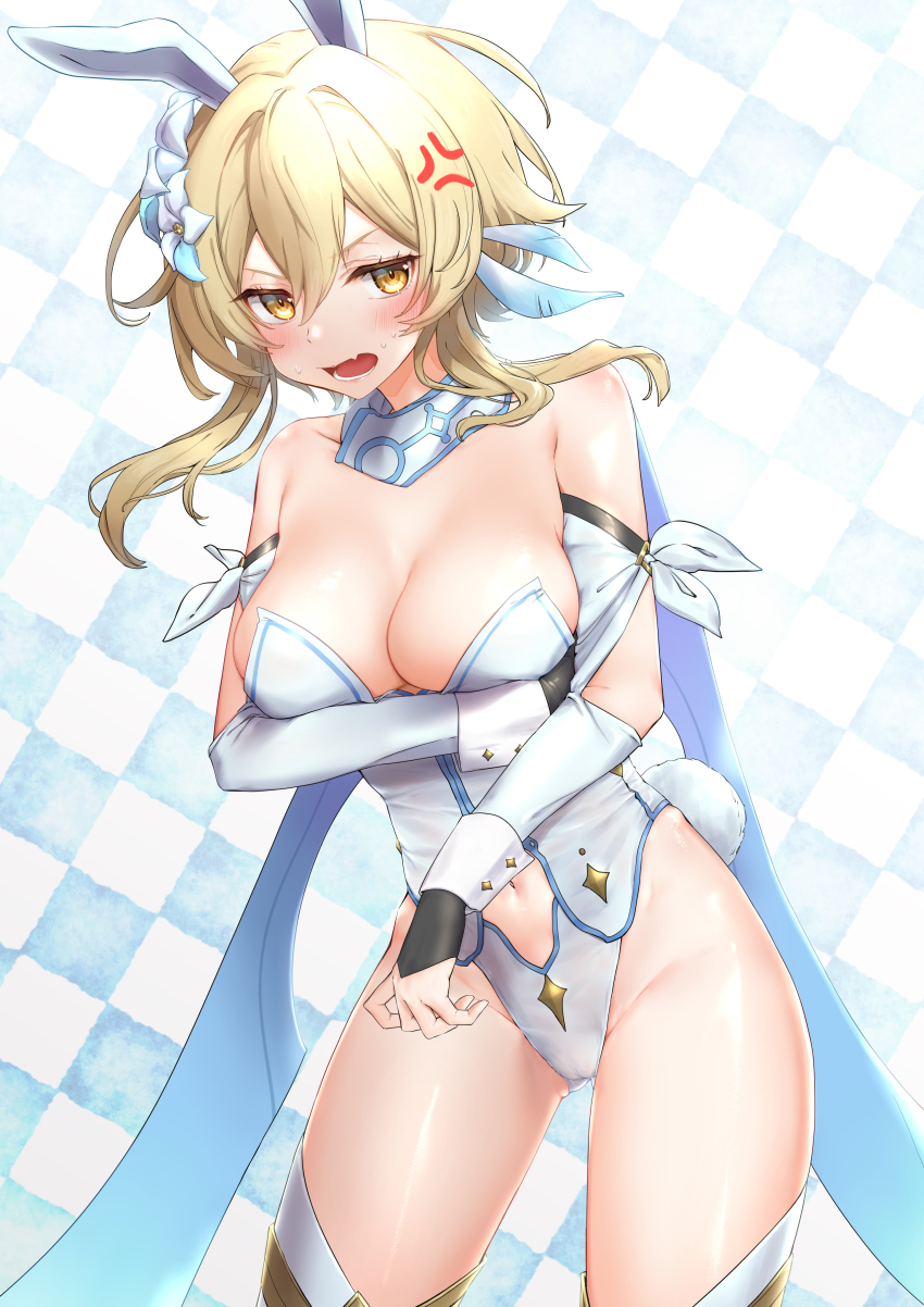 1girl absurdres anger_vein angry arm_cutout arm_under_breasts bare_shoulders blonde_hair blue_background blush breasts cameltoe chumugi cleavage clothing_cutout feather_hair_ornament feathers flower genshin_impact hair_between_eyes hair_flower hair_intakes hair_ornament half-closed_eyes highres large_breasts lily_(flower) looking_at_viewer lumine_(genshin_impact) medium_hair open_mouth parted_bangs playboy_bunny rabbit_tail scarf scowl sidelocks solo thighhighs thighs white_background white_scarf white_thighhighs yellow_eyes