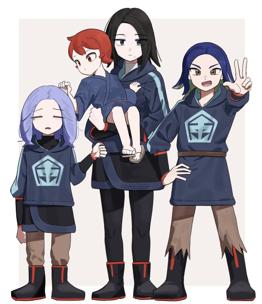 2boys 2girls :d adaman_(pokemon) aged_down arezu_(pokemon) black_boots black_hair black_pantyhose black_shirt black_skirt blue_hair boots brown_eyes brown_pants carrying closed_mouth diamond_clan_outfit hand_on_own_hip highres hood hood_down hooded_jacket jacket looking_at_viewer mai_(pokemon) medium_hair melli_(pokemon) multiple_boys multiple_girls nintendo open_mouth outstretched_arm pants pants_tucked_in pantyhose pokemon pokemon_legends:_arceus purple_hair red_eyes red_hair sandals shirt skirt smile standing toes torn_clothes torn_pants umebosi_nigame v