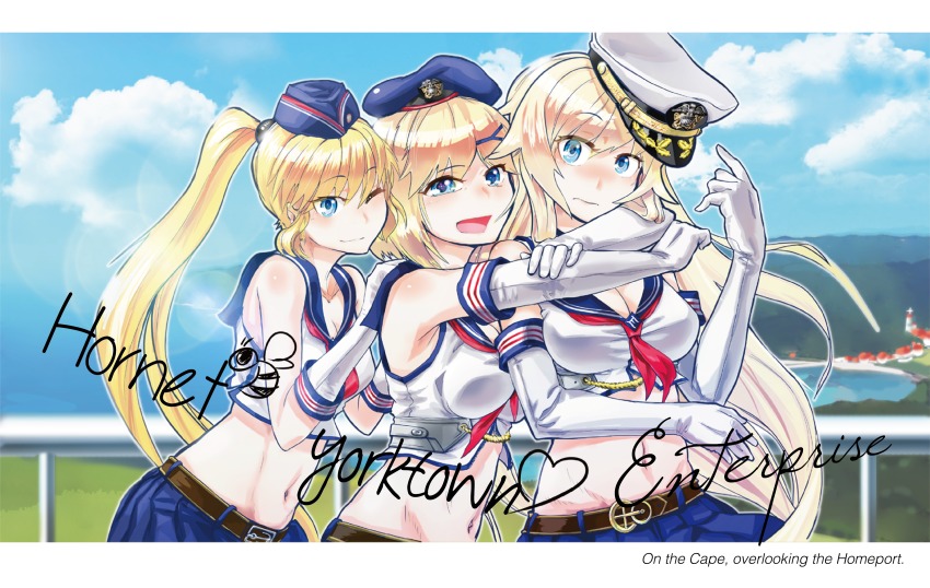 3girls absurdres blonde_hair blue_eyes blue_skirt breasts cleavage elbow_gloves enterprise_(warship_girls_r) gloves hair_ornament hat highres hornet_(warship_girls_r) large_breasts long_hair medium_breasts midriff multiple_girls navel one_eye_closed peaked_cap ponytail richard_li short_hair skirt sleeveless smile warship_girls_r white_gloves yorktown_(warship_girls_r)