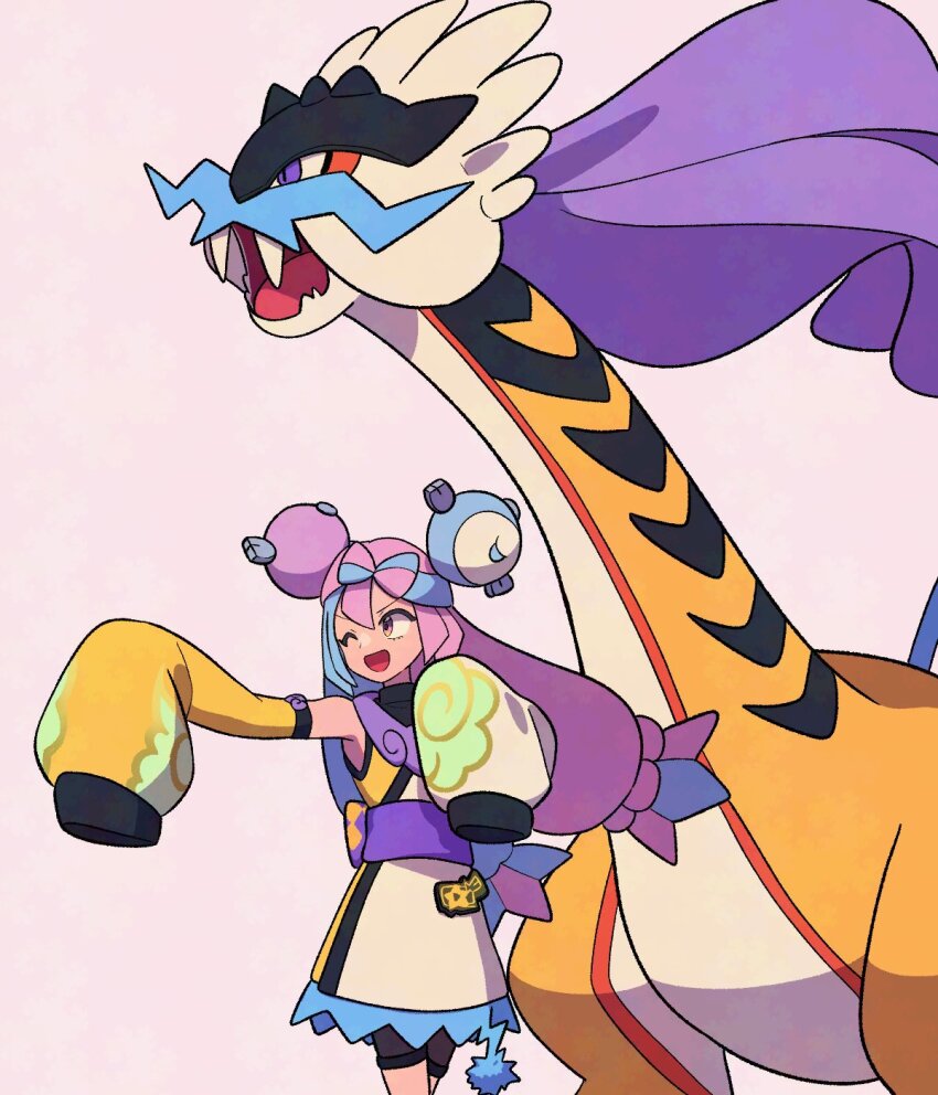 1girl ;d blue_hair bow-shaped_hair character_hair_ornament detached_sleeves dress hair_ornament highres iono_(pokemon) iono_(sygna_suit)_(pokemon) long_hair looking_to_the_side multicolored_hair nintendo official_alternate_costume one_eye_closed open_mouth pink_hair pokemon pokemon_(creature) pokemon_masters_ex raging_bolt simple_background sleeves_past_fingers sleeves_past_wrists smile twintails two-tone_hair tyako_089