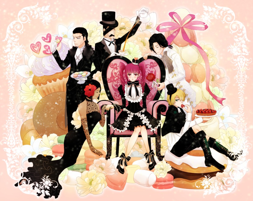 2girls 4boys black_hair bleach blonde_hair blush chair crown dokugamine_riruka dress ginjou_kuugo hurununo jackie_tristan kutsuzawa_giriko multiple_boys multiple_girls purple_eyes purple_hair sitting tsukishima_shuukurou twintails yukio_hans_vorarlberna