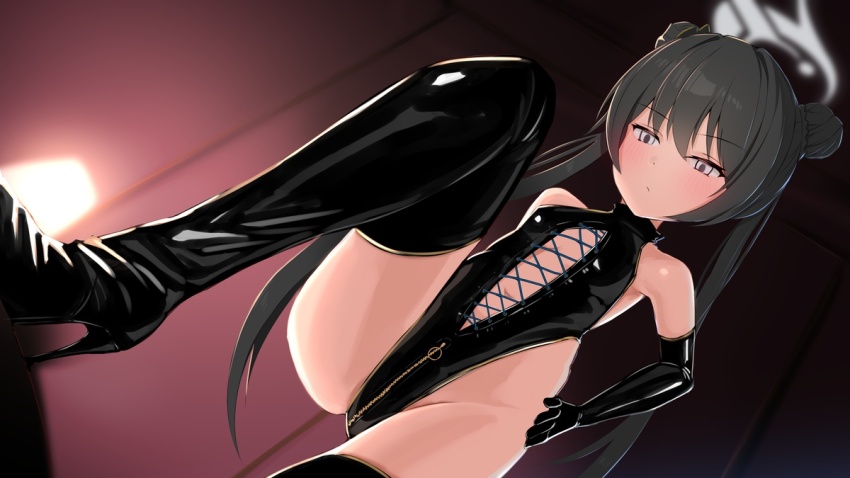 1girl black_gloves black_hair black_leotard black_thighhighs blue_archive bondage_outfit breasts crotch_zipper dominatrix double_bun elbow_gloves gloves grey_eyes grey_halo hair_bun halo highleg highleg_leotard katsuten kisaki_(blue_archive) latex latex_gloves latex_leotard latex_thighhighs leotard long_hair small_breasts solo thighhighs twintails very_long_hair