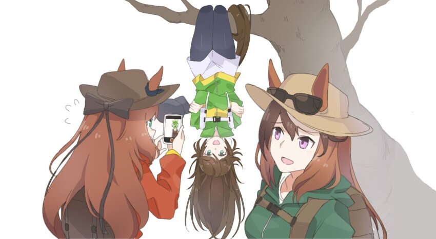 3girls alternate_costume animal_ears backpack bag black_pantyhose breasts brown_hair brown_headwear buckle cellphone crossed_arms ears_through_headwear eyewear_on_headwear flying_sweatdrops green_eyes green_jacket hanging_from_tree highres holding holding_phone hood hooded_jacket horse_ears horse_girl horse_tail jacket long_hair long_sleeves maruzensky_(umamusume) mr._c.b._(umamusume) multiple_girls nazono77 open_mouth pantyhose phone purple_eyes red_jacket small_breasts smile snap-fit_buckle sunglasses symboli_rudolf_(umamusume) tail taking_picture tree umamusume white_footwear