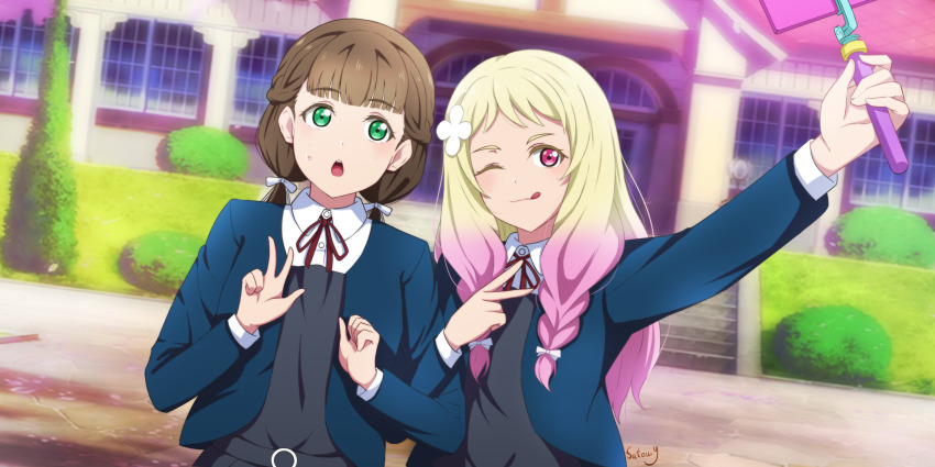 :q absurdres artist_name blonde_hair blue_jacket blunt_bangs bow braid brown_hair bush commentary dress english_commentary flower gradient_hair grass green_eyes grey_dress hair_bow hair_flower hair_ornament half_up_braid highres jacket long_hair long_sleeves looking_at_phone love_live! love_live!_superstar!! low_twintails multicolored_hair neck_ribbon one_eye_closed onitsuka_natsumi open_mouth outdoors phone pink_eyes pink_hair red_ribbon ribbon sakurakoji_kinako satou_yuzuki school school_uniform selfie_stick shirt smile stairs sweatdrop tongue tongue_out twin_braids twintails v white_bow white_shirt window yuigaoka_school_uniform