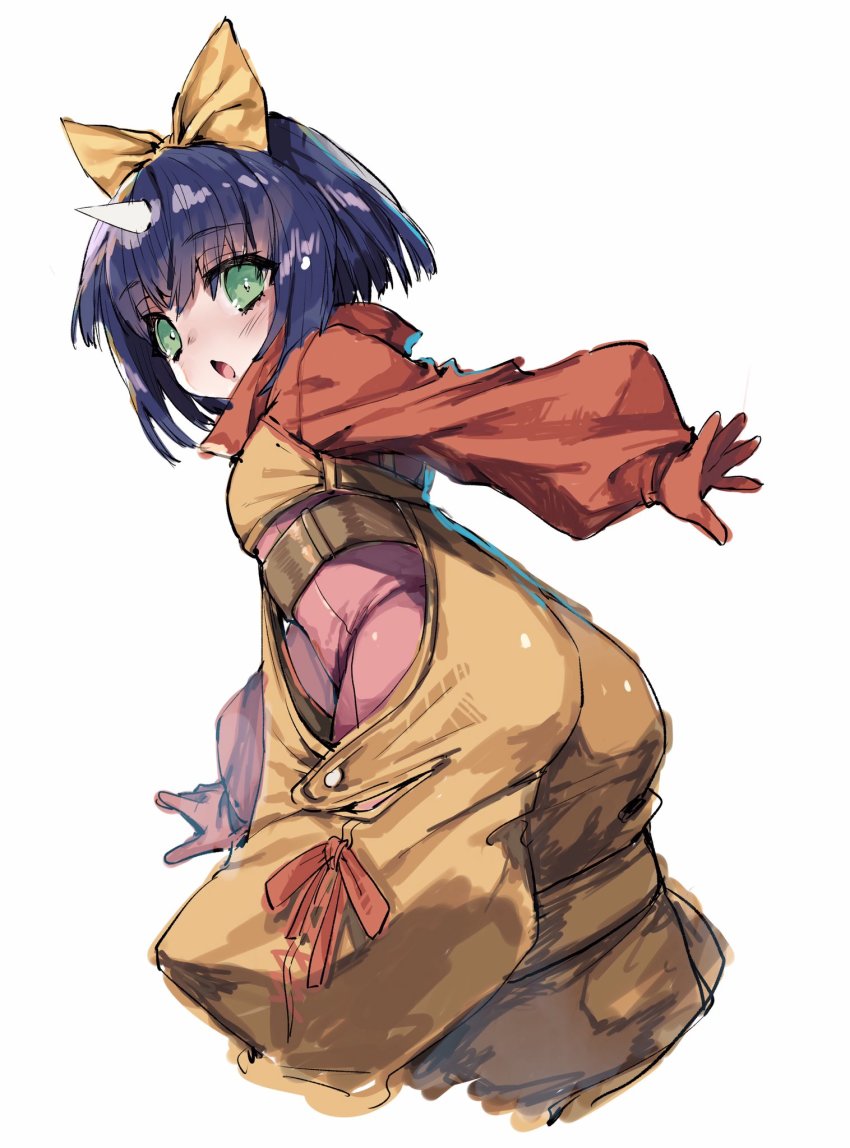1girl ass blue_hair blush bodysuit bow eiko_carol final_fantasy final_fantasy_ix from_behind from_side gloves highres hime_gyo horns long_sleeves looking_back multiple_girls open_mouth overalls petite pink_bodysuit short_hair single_horn solo yellow_bow yellow_overalls