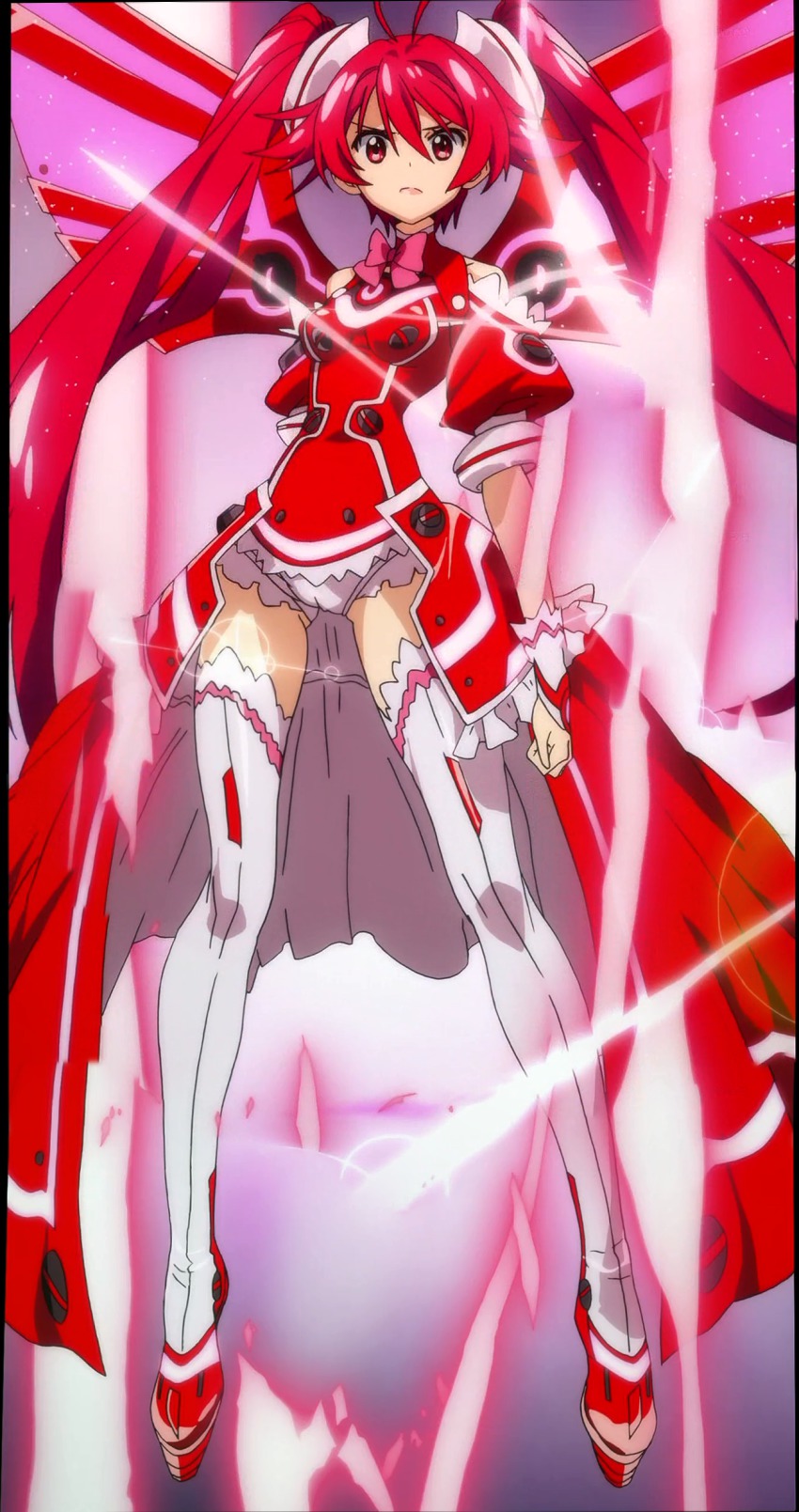 1girl absurdres anime_screenshot antenna_hair boots bow bowtie cameltoe clenched_hand female_focus frown highres jpeg_artifacts long_hair long_legs looking_at_viewer non-web_source red_eyes red_hair ribbon serious solo spoilers stitched thigh_boots thigh_gap thighhighs third-party_edit twintails vividred vividred_operation white_thighhighs wings
