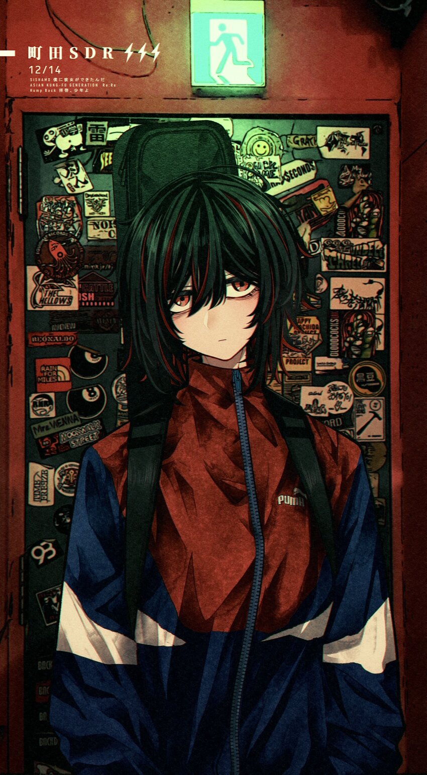 1girl absurdres bags_under_eyes black_hair chromatic_aberration closed_mouth commentary_request dated door exit_sign expressionless guitar_case hair_between_eyes highres instrument_case instrument_case_on_back jacket looking_at_viewer mitsu349 multicolored_hair multicolored_jacket original puma_(brand) red_eyes red_hair smiley_face solo sticker streaked_hair zipper