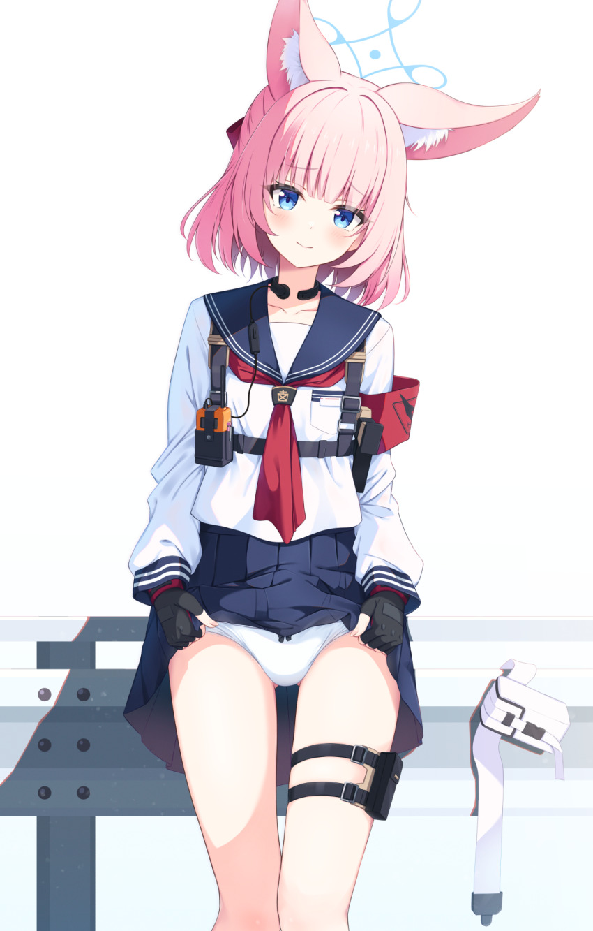 animal_ear_fluff animal_ears armband bag beam black_gloves blue_archive blush bow bow_panties clothes_lift commission fingerless_gloves fox_ears gloves halo highres holstered lifting_own_clothes long_sleeves looking_at_viewer medium_hair miso_(misomiso_154) necktie niko_(blue_archive) panties pink_hair pleated_skirt sailor_collar school_uniform serafuku sidelocks skeb_commission skirt skirt_lift smile thigh_strap throat_microphone underwear white_panties