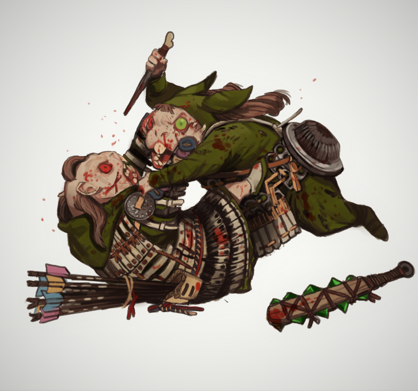 2others armor arrow_(projectile) blood brown_hair dagger fighting green_eyes grey_background heterochromia highres hood jissouseki knife macuahuitl mossacannibalis multiple_others no_humans red_eyes rozen_maiden weapon