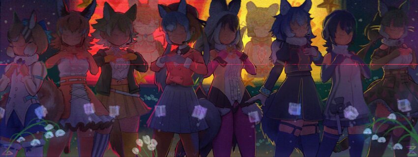6+girls animal_ears bat_ears bat_girl bat_wings black_hair blonde_hair blue_hair brown_hair brown_long-eared_bat_(kemono_friends) caracal_(kemono_friends) cat_ears cat_girl cat_tail chipmunk_ears chipmunk_girl chipmunk_tail coyote_(kemono_friends) dire_wolf_(kemono_friends) extra_ears fox_ears fox_girl fox_tail geoffroy&#039;s_cat_(kemono_friends) grey_hair hat highres humboldt_penguin_(kemono_friends) imnim_leef island_fox_(kemono_friends) jungle_cat_(kemono_friends) kemono_friends kemono_friends_v_project large-spotted_genet_(kemono_friends) long_hair microphone multiple_girls orange_hair penguin_girl penguin_tail ribbon short_hair siberian_chipmunk_(kemono_friends) simple_background standing tail twintails virtual_youtuber wings wolf_ears wolf_girl wolf_tail