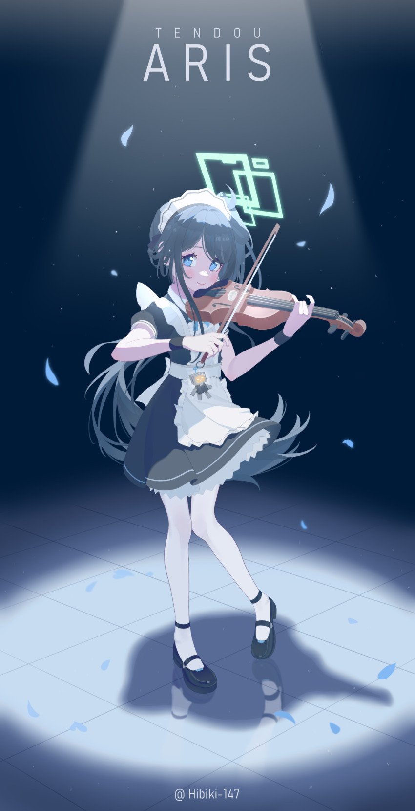 1girl apron aris_(blue_archive) aris_(maid)_(blue_archive) black_shoes blue_archive blue_eyes blue_hair blue_petals bow_(music) bracelet bright_pupils character_name chinese_commentary closed_mouth commentary_request dress falling_petals frilled_apron frills full_body grey_dress hibiki-147 highres holding holding_bow_(music) instrument jewelry kei_(robot)_(blue_archive) light_particles long_hair long_sidelocks looking_at_viewer maid_headdress mary_janes music official_alternate_costume pantyhose petals petticoat playing_instrument puffy_short_sleeves puffy_sleeves shoes short_sleeves side_ponytail sidelocks smile solo standing swept_bangs very_long_hair violin white_apron white_pantyhose white_pupils