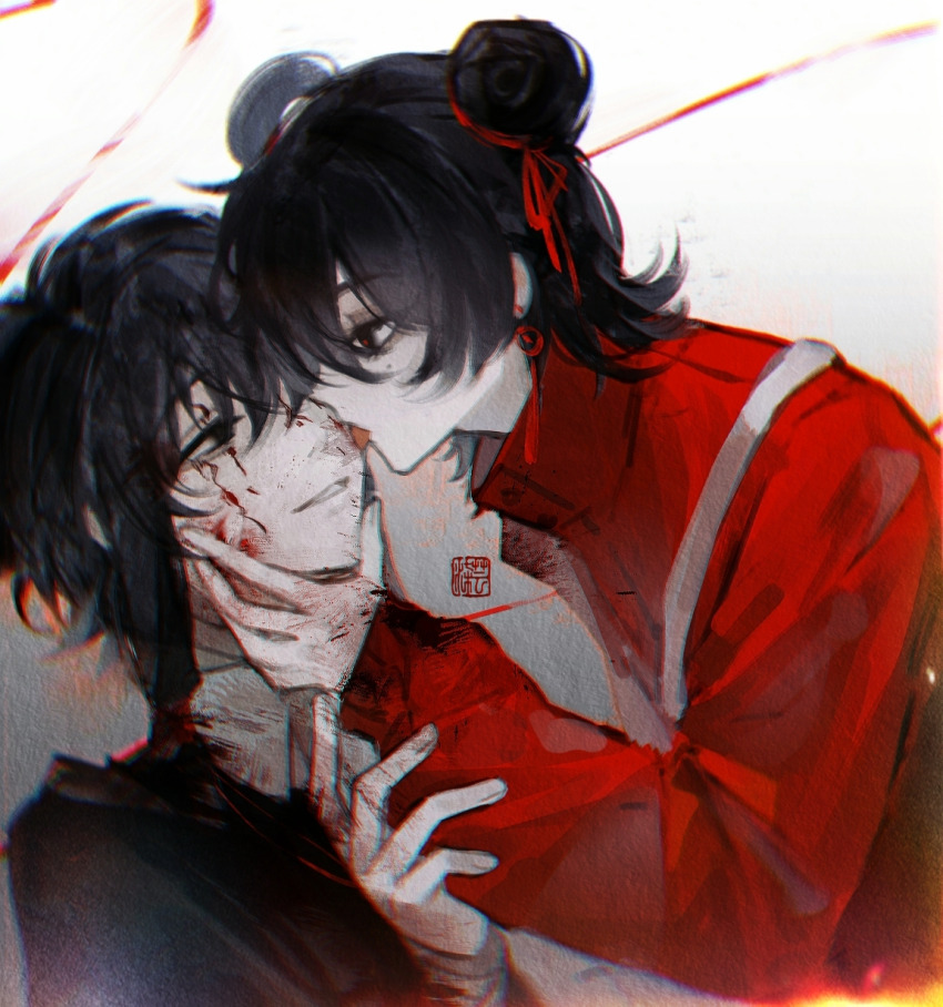 1boy 1girl black_eyes black_hair black_jacket blood blood_on_clothes blood_on_face blood_on_hands chinese_commentary chromatic_aberration colored_skin commentary_request earrings facepaint hair_bun hair_ribbon hair_rings hand_on_another&#039;s_arm hand_on_another&#039;s_chin hetero high_collar highres jacket jewelry li_yuting_(female) licking licking_another&#039;s_face long_sleeves medium_hair mole mole_under_eye red_jacket red_pupils red_ribbon ribbon shirt single_hair_bun single_hair_ring tongue tongue_out touqi_guaitan white_background white_shirt white_skin yizhiezi645 ziche_fuzhao