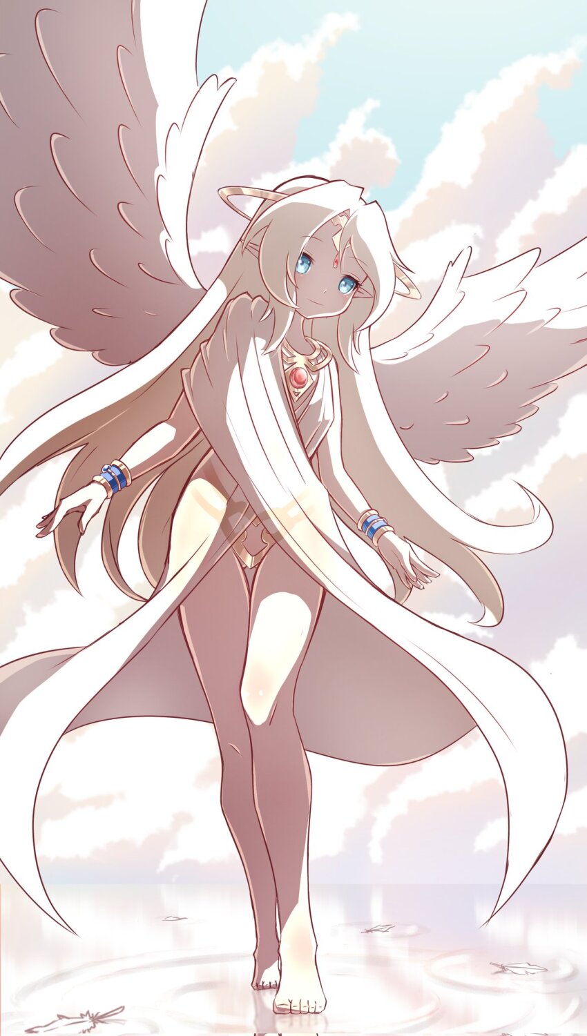 1girl angel angel_wings bare_legs barefoot blonde_hair blue_eyes bracelet circlet closed_mouth cloud commentary day dress english_commentary falling_feathers feathered_wings feathers flat_chest forehead_jewel gem head_tilt highres ilias jewelry light_blush long_hair looking_at_viewer mon-musu_quest! mon-musu_quest:_paradox necklace pointy_ears red_gemstone sent99 sky sleeveless solo walking walking_on_liquid white_dress wings
