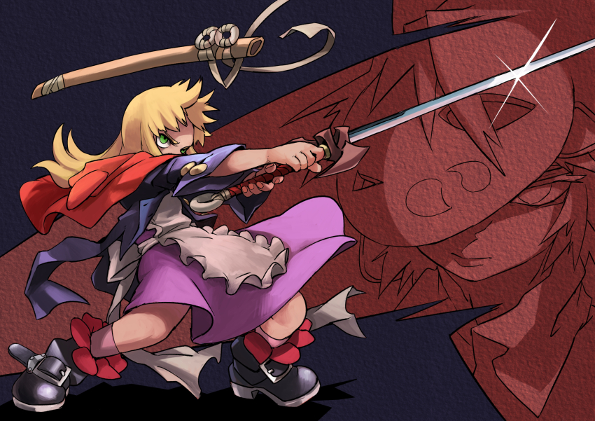 1girl apron black_boots blonde_hair boots buckle cape glint green_eyes highres holding holding_sword holding_weapon legs_apart long_hair original purple_skirt red_cape rightorisamraido3 sheath skirt standing sword unsheathed weapon white_apron
