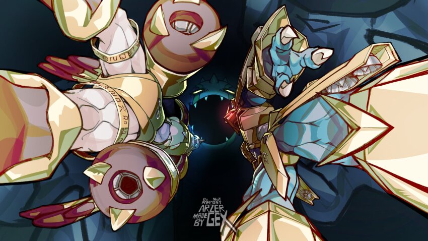 cannon cherubimon cherubimon_(vice) digimon digimon_(creature) digimon_adventure_02 digimon_adventure_02:_digimon_hurricane_jouriku!!_chouzetsu_shinka!!_ougon_no_digimental flying highres horns magnamon muscular muscular_male open_mouth rapidmon_(armor)