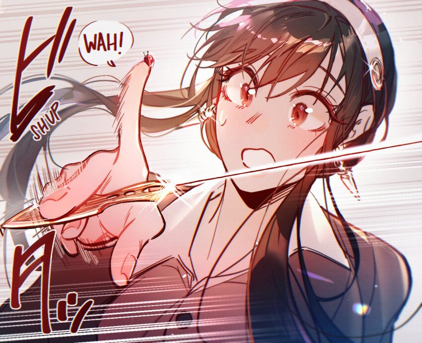1girl black_hair black_jacket bug buttons collared_shirt earrings glint gold_earrings hairband holding holding_knife ideksams insect insect_on_finger jacket jewelry knife ladybug ladybug_on_finger long_hair long_sleeves motion_lines open_mouth red_eyes shirt sidelocks solo speed_lines spy_x_family sweatdrop upper_body white_hairband white_shirt yor_briar