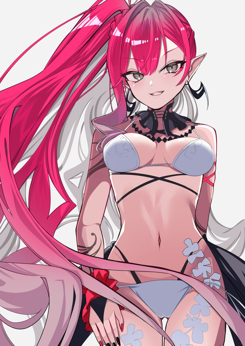 1girl absurdres baobhan_sith_(fate) baobhan_sith_(swimsuit_pretender)_(third_ascension)_(fate) bare_shoulders bikini breasts bridal_gauntlets cleavage commentary_request detached_collar earrings fate/grand_order fate_(series) grey_eyes grin highres jewelry large_breasts long_hair looking_at_viewer navel nigori_(keydoor) pink_hair pointy_ears side_ponytail sidelocks smile solo swimsuit thighs white_bikini
