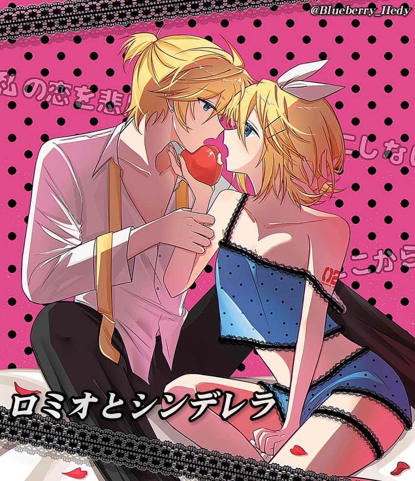 1boy 1girl apple bare_shoulders bed_sheet black_pants blonde_hair blue_camisole blueberry_hedy bow breasts camisole collarbone collared_shirt food fruit hair_bow hair_ornament hairclip highres holding holding_food holding_fruit kagamine_len kagamine_rin lace lace-trimmed_camisole lace_trim midriff necktie number_tattoo on_bed open_clothes open_collar open_shirt pants petals pink_background polka_dot polka_dot_background polka_dot_camisole ponytail red_petals romeo_to_cinderella_(vocaloid) shirt short_hair short_ponytail shoulder_tattoo sitting small_breasts song_name strap_slip tattoo twitter_username undone_necktie vocaloid white_bow white_shirt yellow_necktie