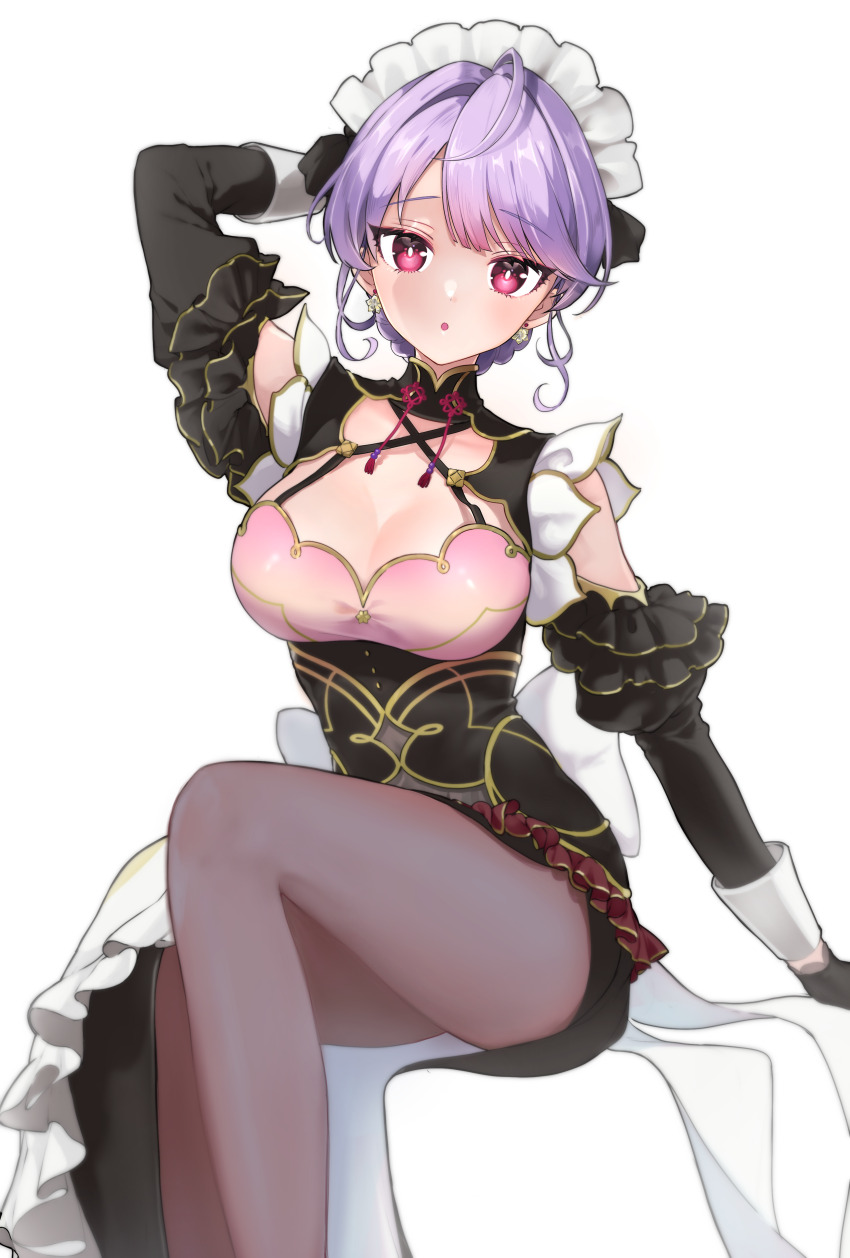 1girl ;o absurdres ahoge arm_behind_back black_dress black_gloves black_pantyhose blush breasts chinese_clothes cleavage colored_bangs commentary_request criss-cross_straps detached_sleeves dress earrings ena1215 fishnet_gloves fishnets flower_earrings framed_cleavage frills gloves gradient_eyes highres invisible_chair jewelry kozue_mone kozue_mone_(maid) large_breasts looking_at_viewer maid maid_headdress multicolored_eyes nape_braid one_eye_closed pantyhose parted_bangs pink_eyes purple_hair qi_maid ribbon short_hair sitting skirt solo taut_clothes taut_skirt thighs virtual_youtuber waist_ribbon white_background white_ribbon