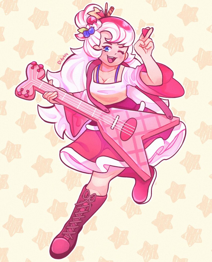 1girl blue_eyes cookie_run cookie_run:_kingdom didy414 dress food food-themed_hair_ornament frilled_sleeves frills fruit hair_ornament highres holding holding_instrument humanization instrument long_hair long_sleeves looking_at_viewer multicolored_hair open_mouth parfait_cookie pink_hair shirt smile solo standing standing_on_one_leg white_hair