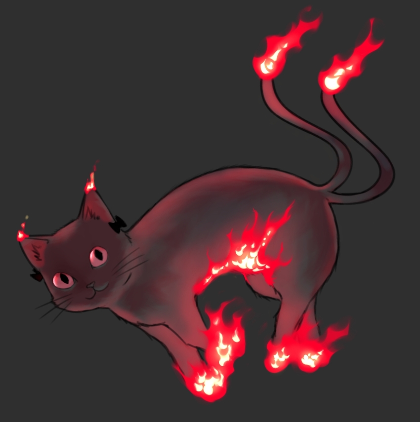 4rdilla :3 black_bow black_cat bow cat cat_tail dark_background fiery_hair fire flame-tipped_tail glowing green_background highres kaenbyou_rin kaenbyou_rin_(cat) looking_at_viewer multiple_tails nekomata no_humans red_eyes slit_pupils solo tail touhou two_tails whiskers