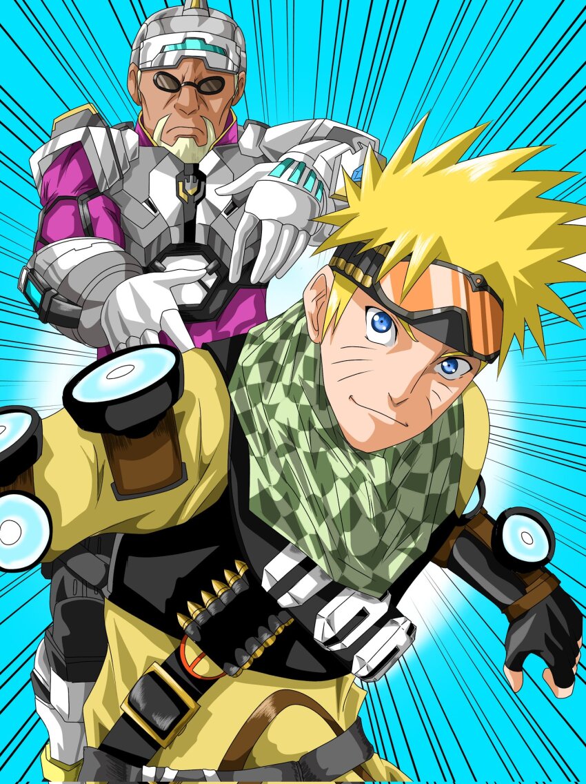 2boys apex_legends assault_visor beard belt black_belt black_gloves blonde_hair blue_background blue_eyes bodysuit checkered_clothes checkered_scarf cosplay dark-skinned_male dark_skin emphasis_lines facial_hair facial_mark fingerless_gloves frown gloves goggles goggles_on_head green_scarf helmet highres jumpsuit killer_bee looking_at_viewer male_focus mirage_(apex_legends) mirage_(apex_legends)_(cosplay) multiple_boys naruto_(series) naruto_shippuuden newcastle_(apex_legends) newcastle_(apex_legends)_(cosplay) purple_bodysuit scarf sena_(neongai12) short_hair smile sunglasses uzumaki_naruto whisker_markings white_gloves yellow_jumpsuit