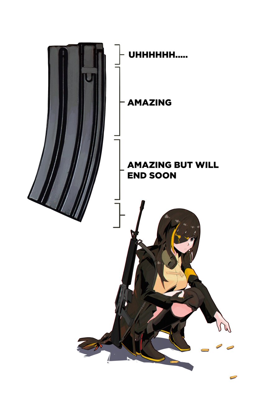 1girl absurdres armband assault_rifle black_boots black_gloves black_hair black_jacket black_skirt blunt_bangs boots braid braided_ponytail breasts collared_shirt earmuffs earmuffs_around_neck english_text expressionless eyepatch girls&#039;_frontline gloves gun highres hood hooded_jacket jacket knee_pads large_breasts long_hair m16a1_(girls&#039;_frontline) magazine_(weapon) meme multicolored_hair open_clothes open_jacket picking_up pleated_skirt rifle shell_casing shirt sidelocks simple_background single_braid single_glove skirt solo streaked_hair variasii very_long_hair weapon white_background yellow_armband yellow_eyes yellow_shirt