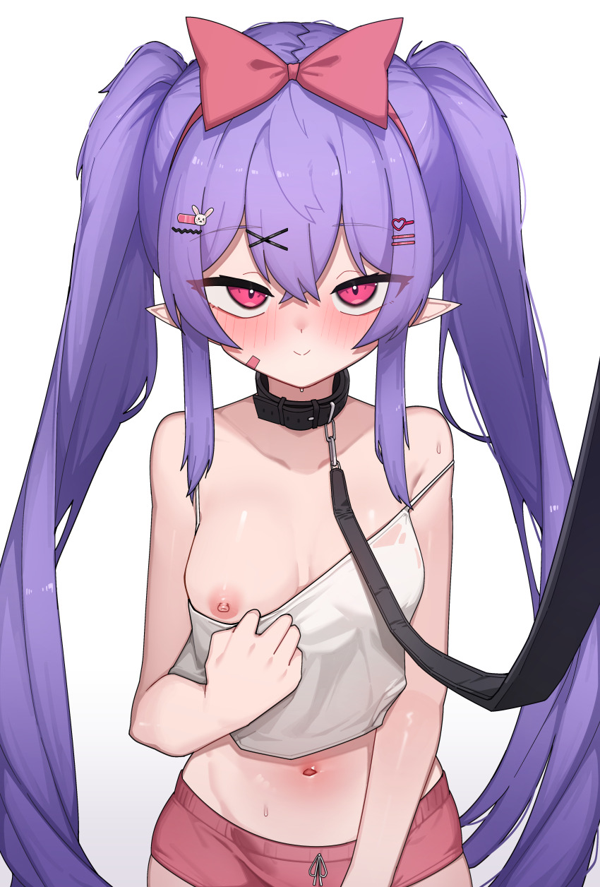1girl absurdres bdsm blush bow breasts camisole camisole_pull closed_mouth clothes_pull collar h.pn hair_bow hair_ornament hairclip highres leash long_hair navel nipples one_breast_out original pink_shorts pointy_ears pov pulling_own_clothes purple_hair red_bow red_eyes shorts simple_background slave smile solo twintails very_long_hair viewer_holding_leash white_background white_camisole