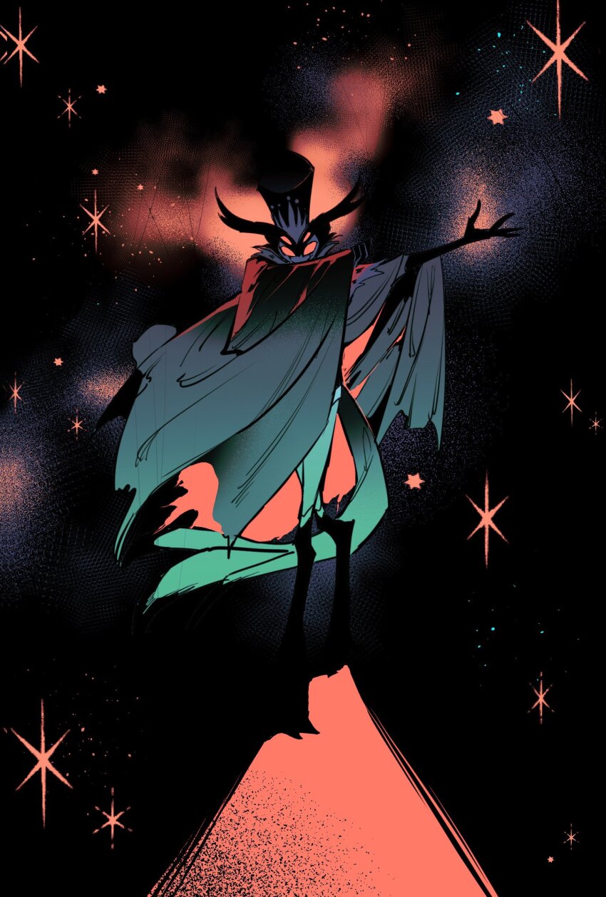 1boy bird_boy black_cape bukiko_02 cape extra_eyes feathers helluva_boss highres looking_at_viewer outstretched_arm owl_boy red_eyes solo stolas_(helluva_boss)