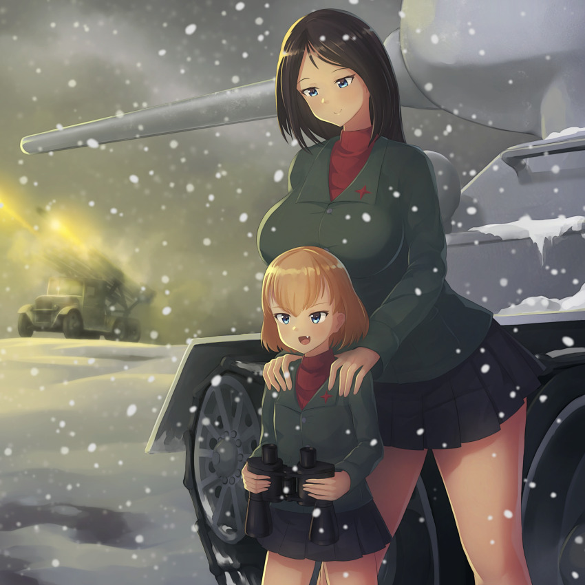 2girls absurdres binoculars black_hair blonde_hair blue_eyes bm-13_katyusha breasts caterpillar_tracks emblem fang flat_chest girls_und_panzer highres katyusha_(girls_und_panzer) large_breasts long_hair military_vehicle motor_vehicle multiple_girls nonna_(girls_und_panzer) pravda_(emblem) pravda_military_uniform rocket short_hair skirt smile snow snowing sweater t-34 t-34-85 tank truck warmcummies