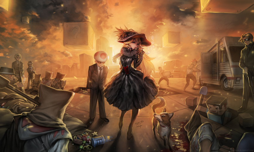 1girl 6+boys ?_block animalization assassin&#039;s_creed_(series) assassin&#039;s_creed_ii bad_id bad_tumblr_id bag_over_head banana black_dress black_gloves blonde_hair blood bowing bowser bowser_jr. captain_falcon commentary contemporary corset crossover crying dark dress elbow_gloves energy_tank execution ezio_auditore_da_firenze f-zero fire_flower food formal_clothes fox_mccloud fruit game_console gamecube gloves god_of_war gun gun_to_head halo_(game) halo_(series) handgun hat highres hostage injury jewelry kiseru kratos_(god_of_war) link long_hair mafia mario mario_(series) master_chief mega_man_(series) metal_gear_(series) minecraft motor_vehicle motorhome multiple_boys multiple_crossover mushroom nathan_drake nes nintendo pantyhose personification pistol playstation_2 playstation_3 princess_peach recreational_vehicle ring rupee_(zelda) saejin_oh shotgun shovel smoking smoking_pipe solid_snake star_(symbol) star_fox steve_(minecraft) submachine_gun suit sunglasses the_legend_of_zelda toad_(mario) uncharted wario weapon wii worktool xbox_(original) xbox_360